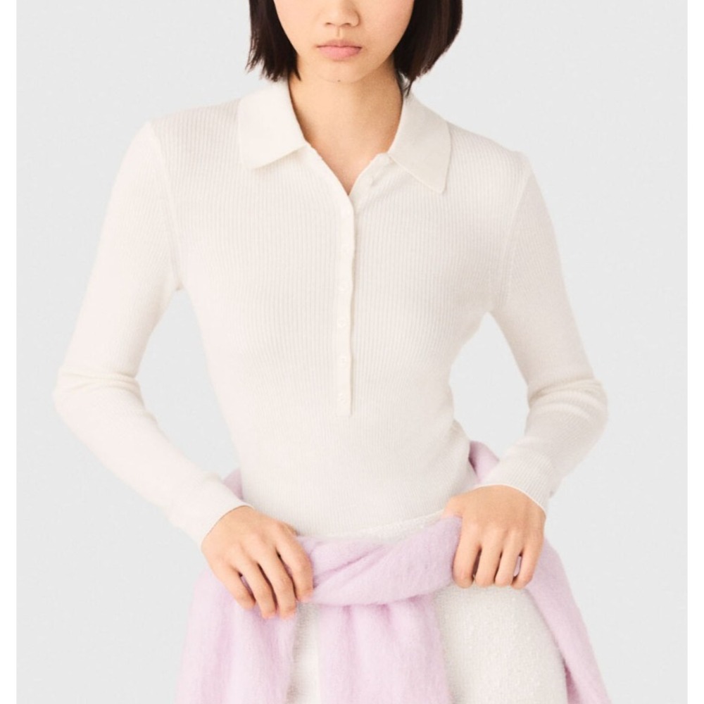 MAJE Top Women Ribbed polo jumper Size 1 US Small Cream Ecru Long Sleeve